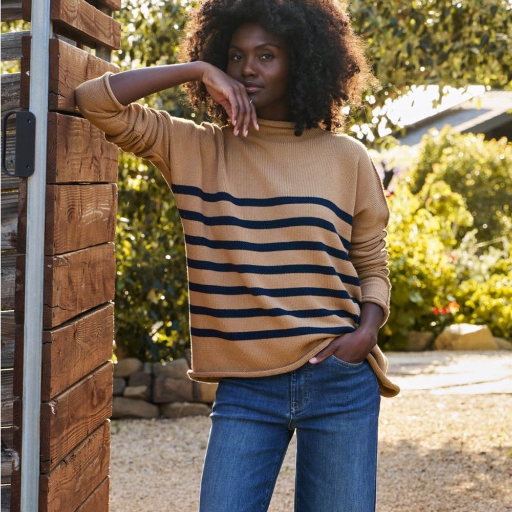 Frank & Eileen Tan and Black Striped  MONTEREY
Rolled Funnel Neck Sweater